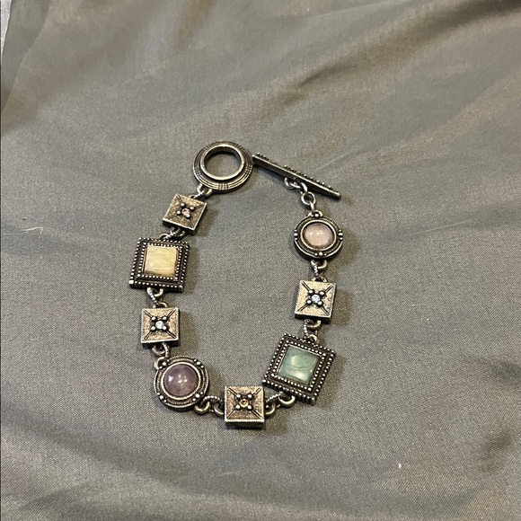 Patrica Locke Jewelry - Patricia Locke Signed Silver Tone Bracelet Mixed MultiColor Cabochon Stone BOHO